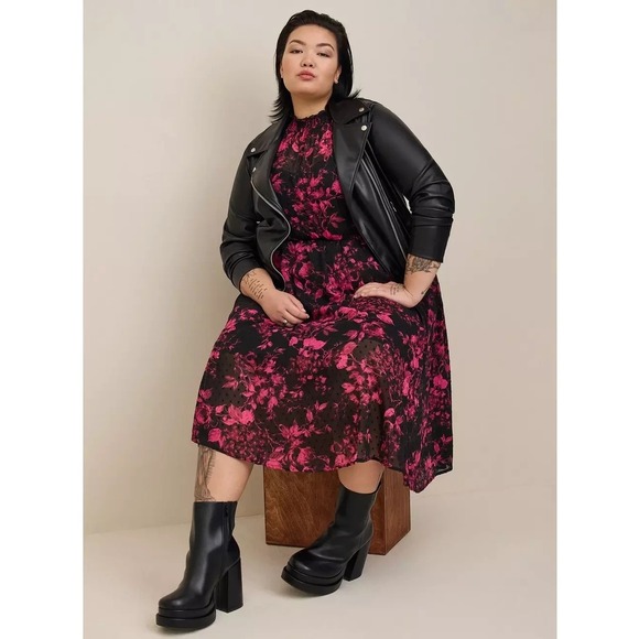 Torrid Women's 2X Black Pink Floral Midi Clip Dot Mock Neck Dress Romantic Goth - Picture 9 of 11